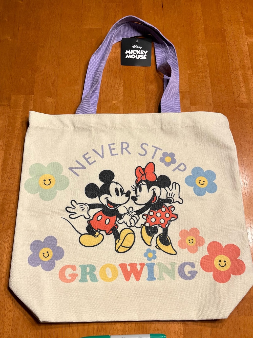 Disney “Never Stop Growing" Mickey & Minnie Canvas Tote - Lavender Handles